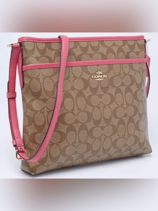 Coach Handbags - [Coach] Signature File Adjustable Crossbody Coated Canvas Bag Purse Khaki/Pink